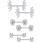 Vsnnsns 14G Nipple Piercing Jewelry Surgical Steel Cubic Zirconia Nipple Rings Skull Nipple Piercing Jewelry for Women Men 14 Gauge Silver Black Rainbow Rose Gold 3 Pairs