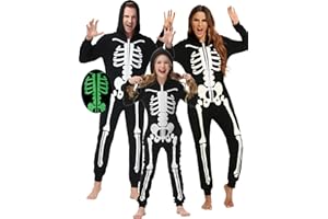 Veseacky Matching Family Pajamas Sets Skeleton Glow in Dark Jumpsuit Halloween Hooded One-Piece Zipper PJS Family Jammies
