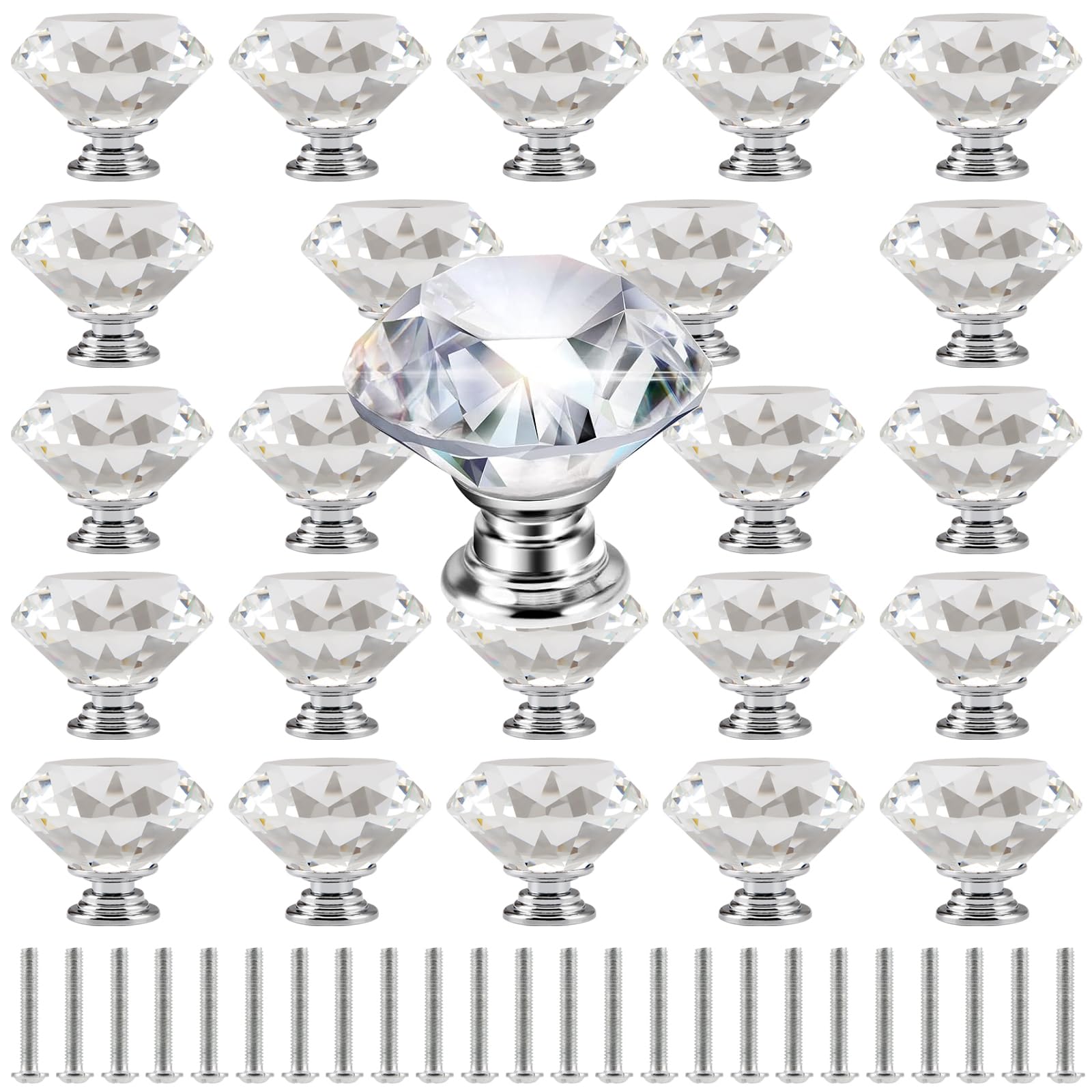 MAHIONG 24 Pcs 40mm Crystal Door Knobs, Diamond Drawer Knobs, Crystal Glass Door Knob for Kitchen, Cabinet, Drawer, Bathroom, Home Décor