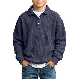 bawilom Boys Waffle Knit Sweatshirt Long Sleeve Pullover Tops | Boys Waffle Knit Sweatshirt With Button Placket, Long Sleeves