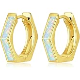 Lasidor Opal Hoop Earrings for Women Hexagon Huggie Earrings 14K White/Yellow Gold Plated Hypoallergenic Small Huggie Hoop Earrings for Women Girls Jewelry Gifts