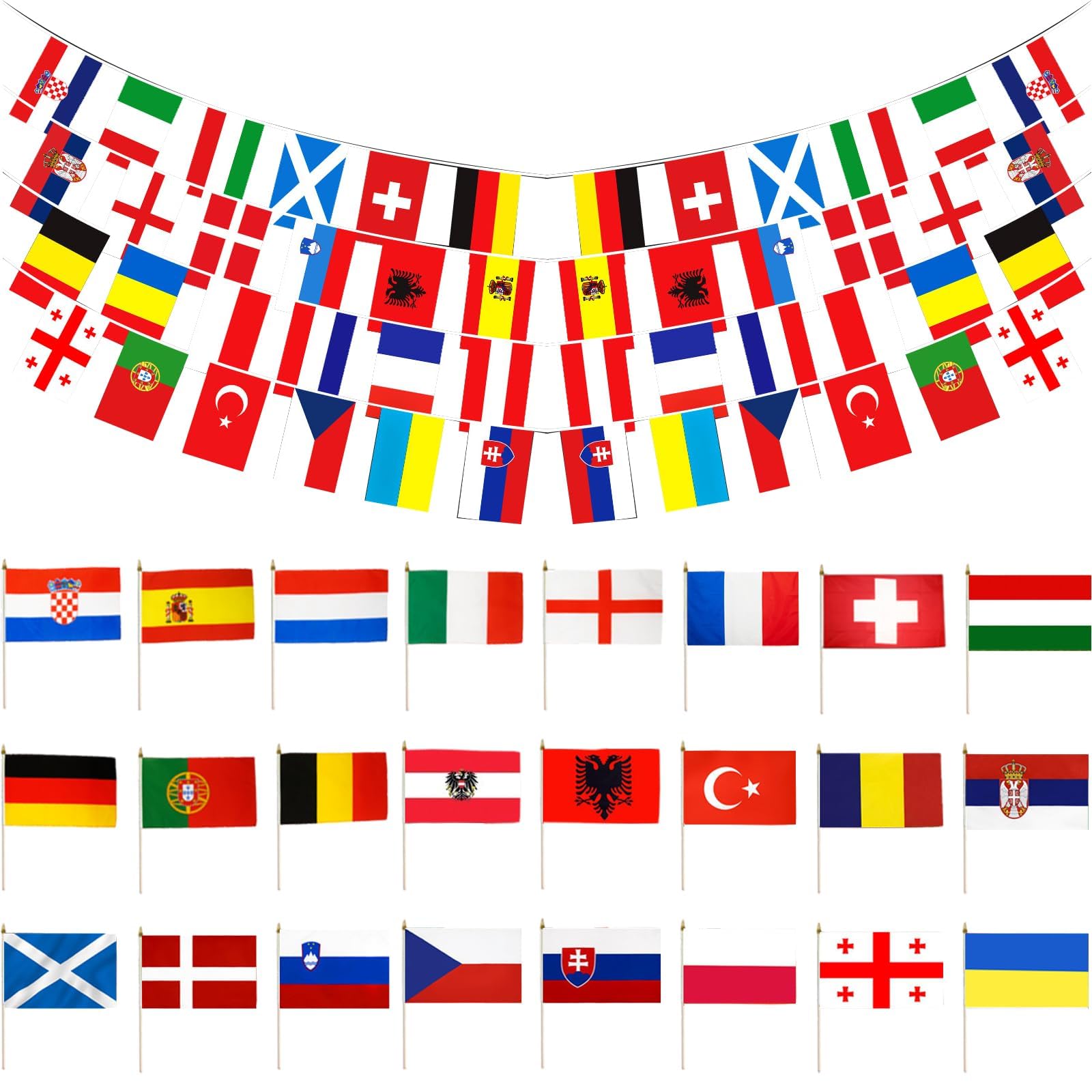 DKDDSSS 2pc World Cup Flags Bunting and 24 Nations Countries Flags on Sticks, World Flag Bunting, for 2026 Football Party Decorations, Hand Held Small Flag Banner, for Garden Bar Party Decoration