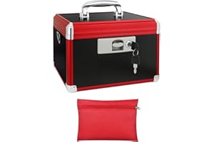 LOCKCURX Medicine Lock Box With Key - 13.4 x 7.6 x 8.2 Inches Large - Black & Red, Red Medicine Pouch - Secure Storage for Medications, Valuables, and Personal Items