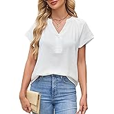 Casuluxy Womens Short Sleeve V Neck Loose Blouse Flowy Summer T Shirt Cap Sleeve Casual Tops White