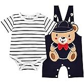 TOKIAGO Baby Boy Clothes Newborn Outfits Stripe Romper Infant Cartoon Overall Adjustable Suspender Pants Set 0-18 Months