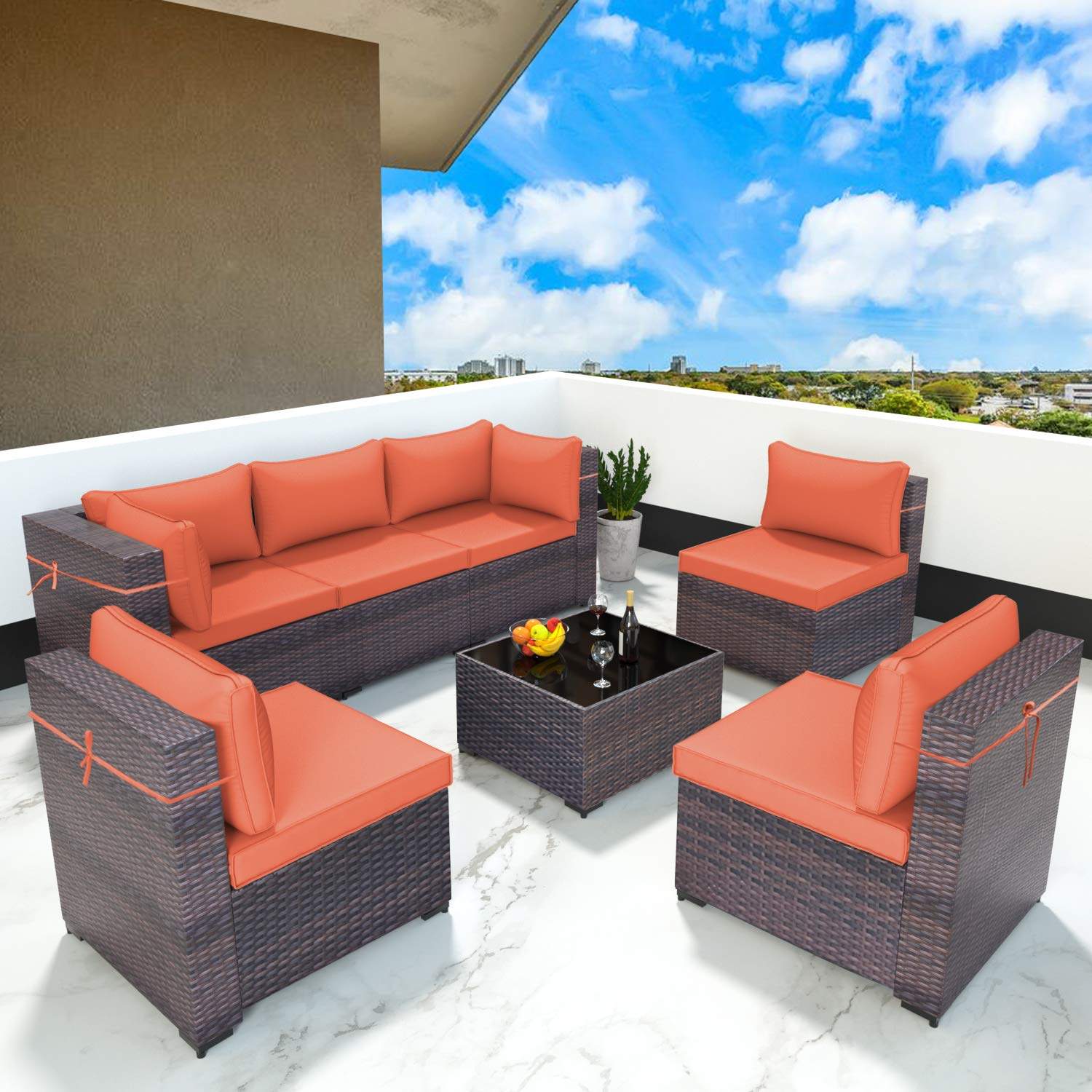 Gotland 7 Piece Outdoor Patio Furniture Sets All-Weather Outdoor Sectional Furniture PE Wicker Patio Sofa Backyard Deck Couch Conversation Chair Set with Coffee Table & 6 Thickened Cushions (Orange)