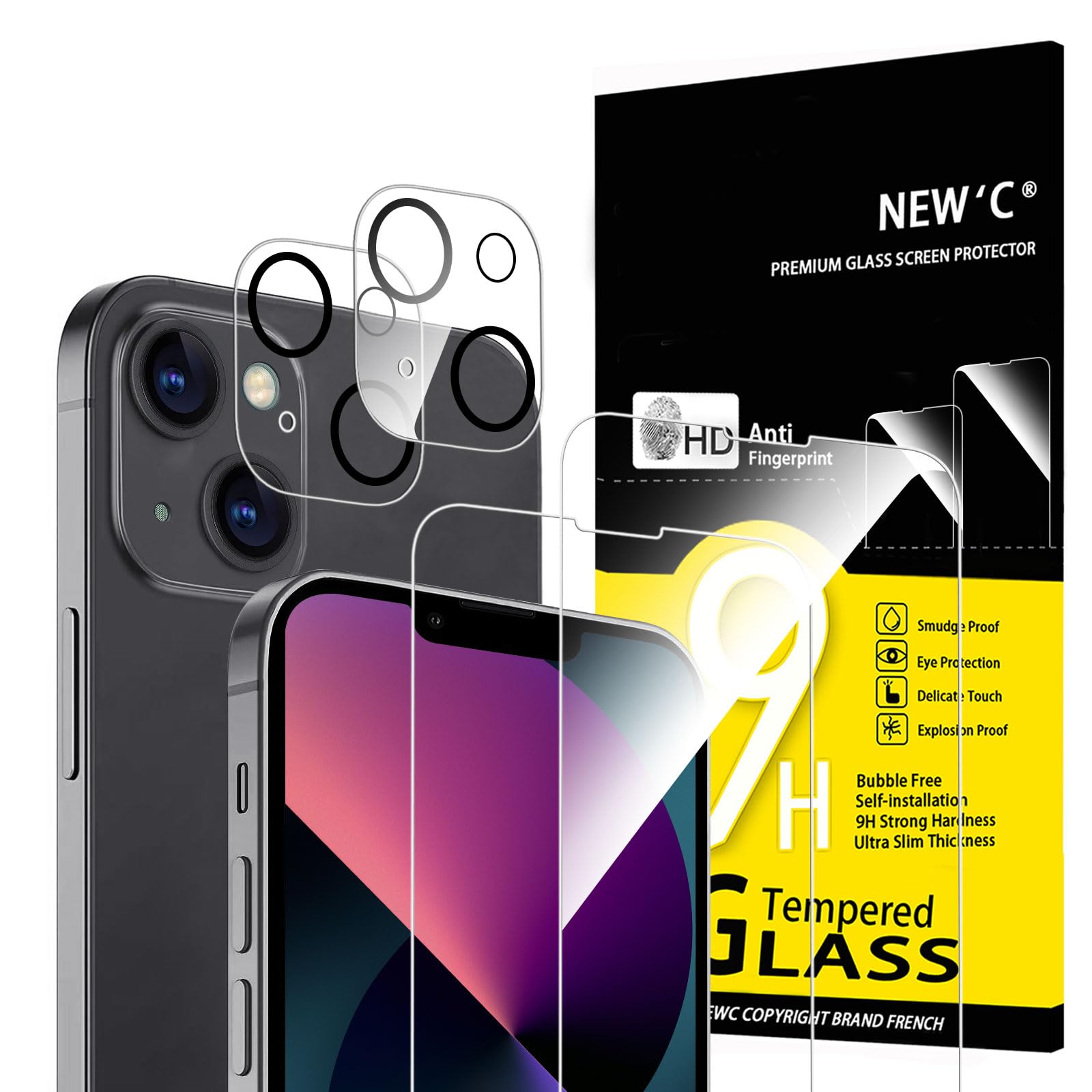 NEW'C 4 Pack, 2 Pack for iPhone 13 Mini Screen Protector + 2 Pack Camera Lens Protector, Sensor Protection,Case Friendly Tempered Glass Film