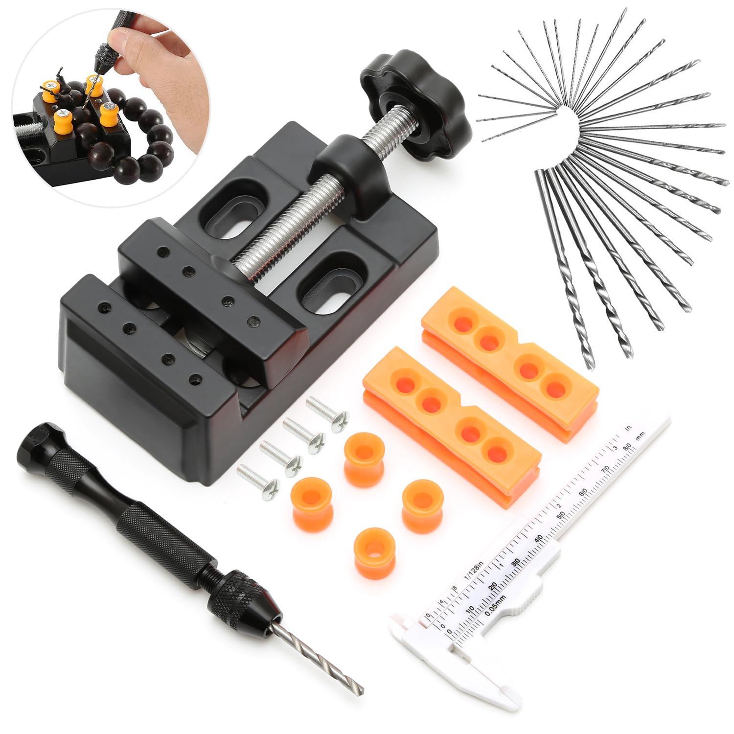 25 Pcs Hand Drill Bits Set and Adjustable Small Drill Press Vise, Black Metals Precision Pin Vise Hobby Drill, Pin Vise Mini Drill Set Making for Woodworking Model Jewelry
