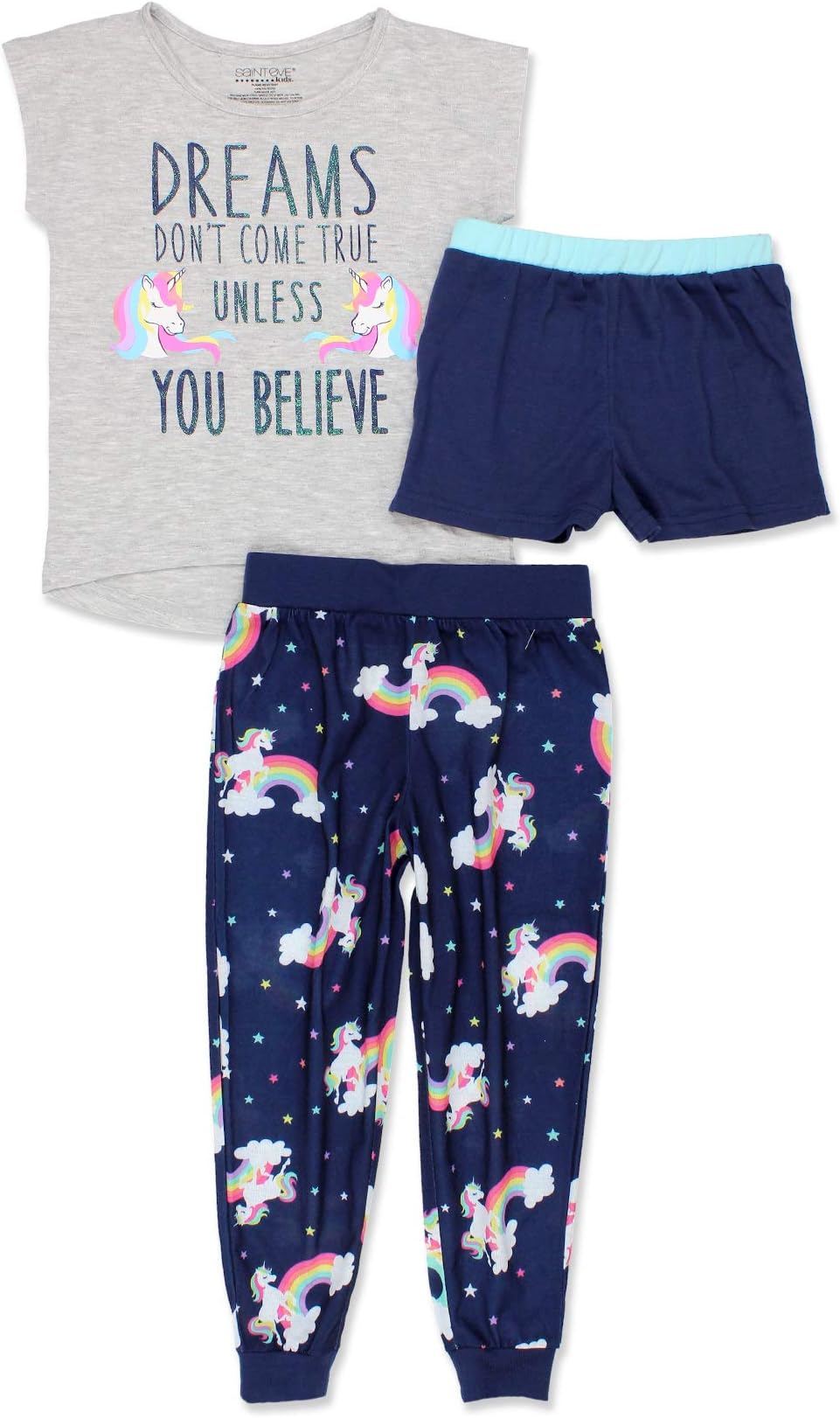 Komar Kids Unicorn Girl's Short Sleeve 3 Piece Jersey Shorts Pants Pajamas Set