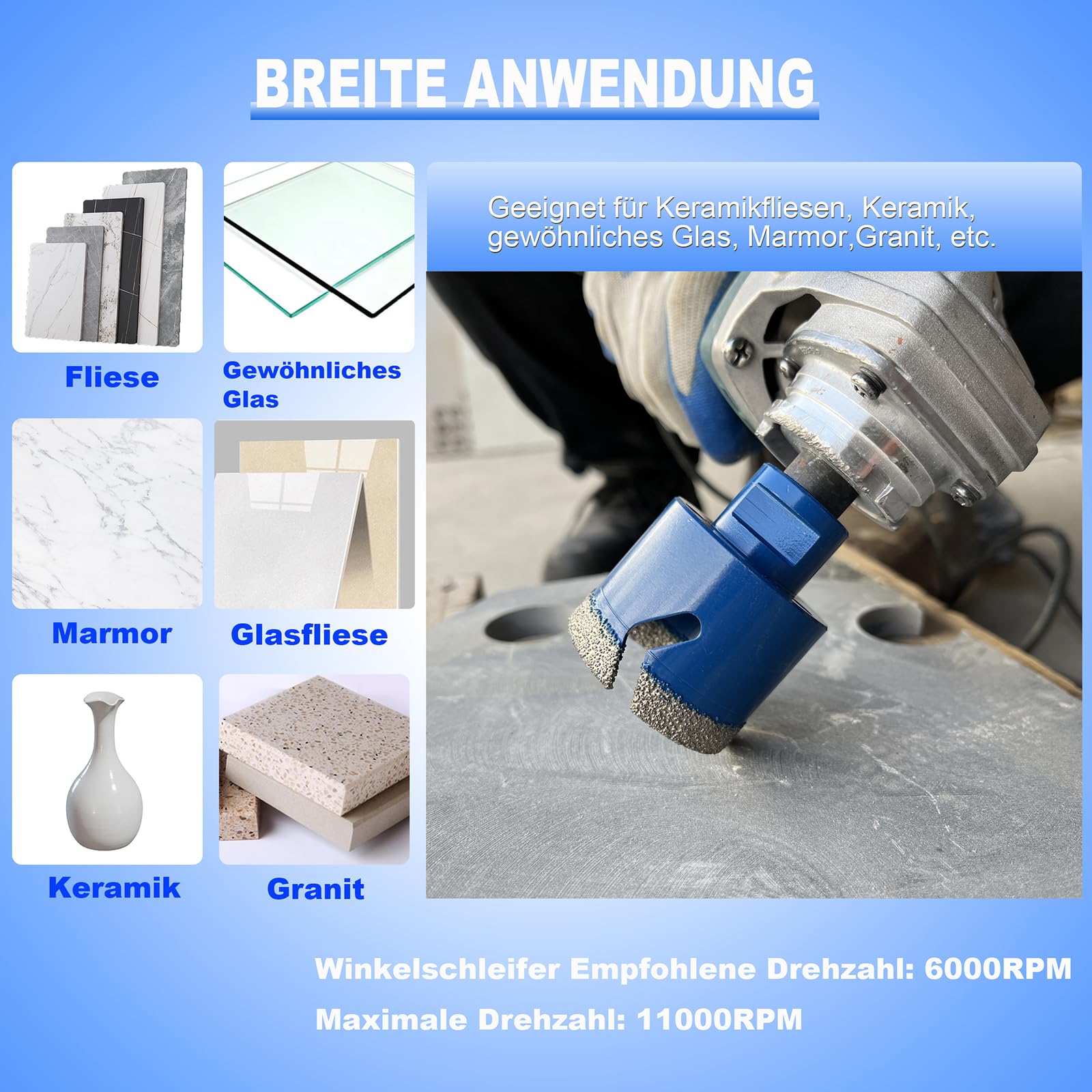 DWIKE 12tlg Diamant Fliesenbohrer Set 6/8/10/12/20/35/50/68mm M14 Diamant Bohrkrone Lochsäge mit 125mm Trennscheibe mit 50mm Fasenbohrer ein Adapter Für Winkelschleifer Lochsäge Set Granit Fliesen 6