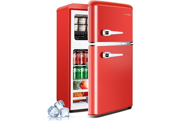 Anypro 3.2 Cu.Ft Refrigerator, Double Door Retro Fridge with Freezer, 7 Adjustable Temperature Settings, Low Noise, Removable Glass Shelves for Dorm, Office, Bedroom, Apartment, Red