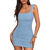 Trendy Queen Womens Mini Mesh Square Neck Fitted Going Out Ruched Dresses Summer Party Club Bodycon Short Dress