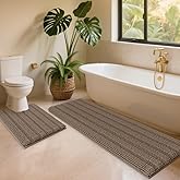ACCUMTEK Striped Dark Beige Toilet Bathroom Rug Mat Set 2 Piece Rug Ultra Soft, Non Slip Chenille Bath Rugs, Absorbent Plush Shaggy Bath Mats for Bathroom, Bedroom, Kitchen, Shower, Tub,Taupe