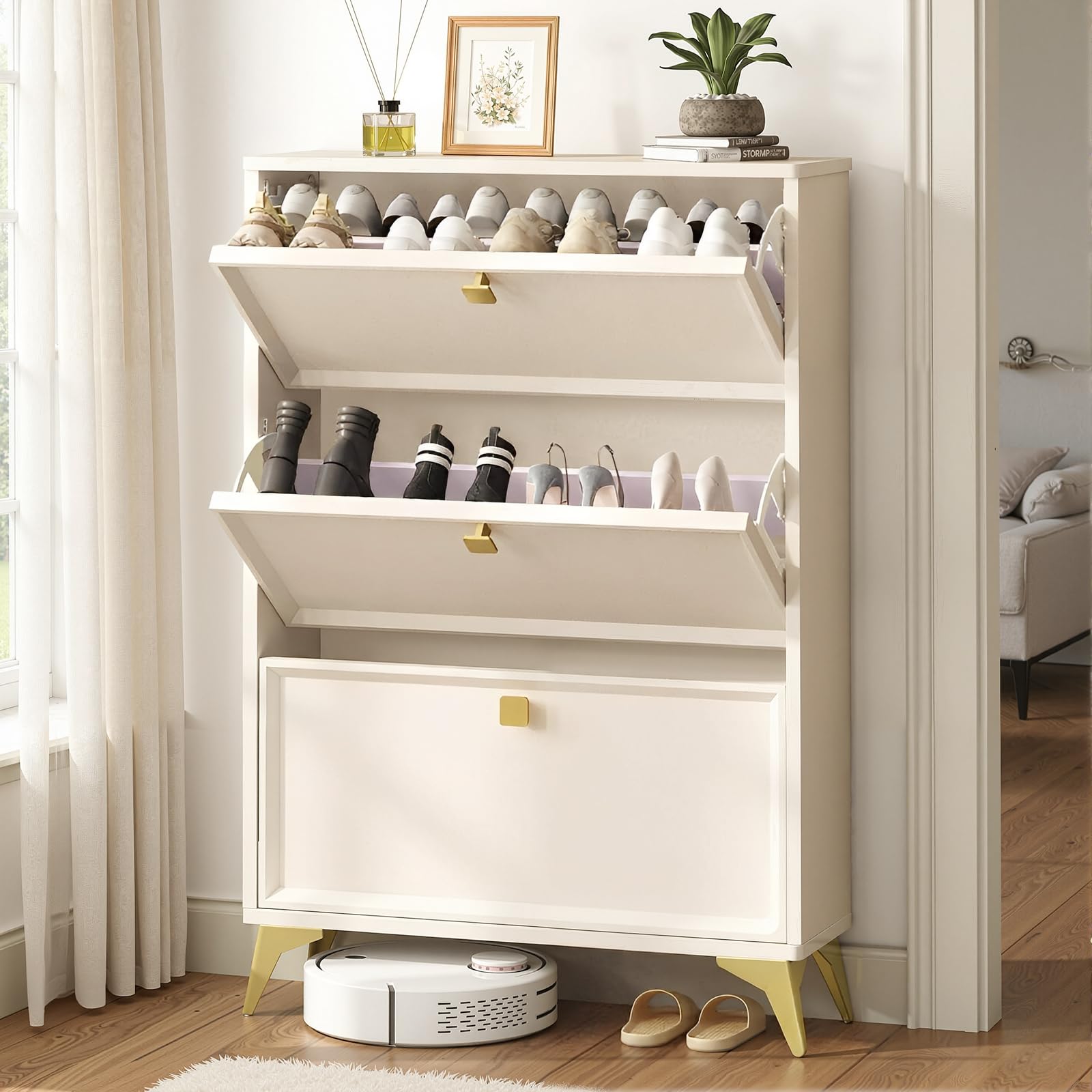 Photo 1 of (( natural, not white)) COMHOMA Shoe Storage Cabinet, Slim Shoe Cabinet Storage with Flip Drawers, Hidden Narrow Shoe Cabinet for Entryway Hallway