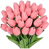 MACTING 30PCS Artificial Tulip Flowers 13.7" Real Touch Fake PU Tulips Bouquet Faux Pink Flowers for Floral Arrangements Table Centerpieces Kitchen Home Indoor Easter Spring Valentines Day Decorations
