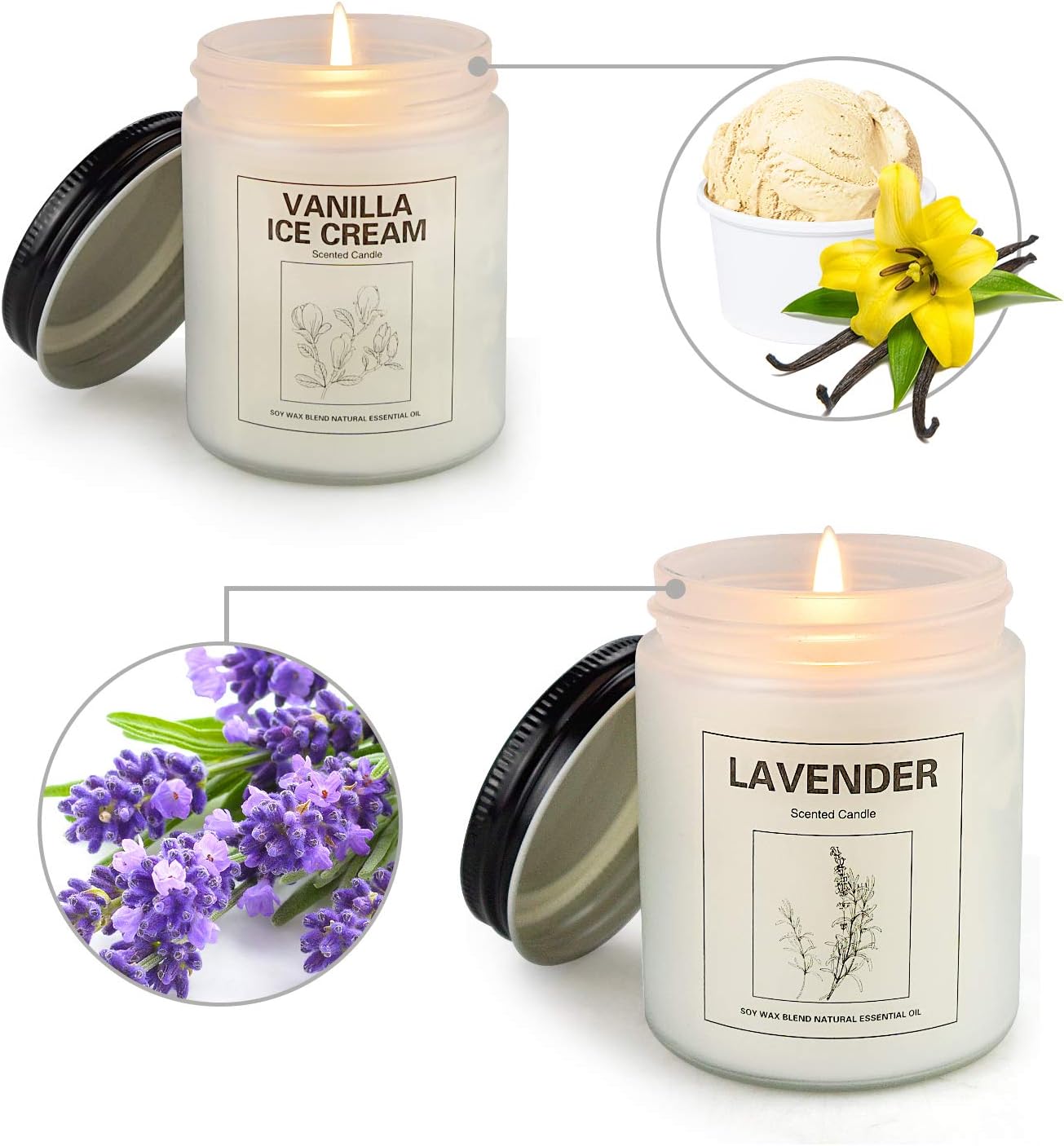 Vanilla Ice Cream and Lavender Candles for Home Scented, Aromatherapy Candle 2 pcs, Soy Wax Candle Set, Gift with Strongly Fragrance Jar Candles: Home & Kitchen