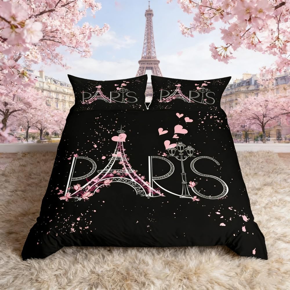Loussiesd Eiffel Tower Duvet Cover Paris Bedding Set Romantic Theme Comforter Cover for Boys Girls Children Teens Black Pink Bedroom Decor Modern French Bedspread Cover Double