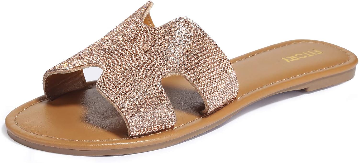 Amazon.com | FITORY Womens Flat Sandals Slides Rhinestones Slip On Outdoor Shoes Size 6-11 Rose 