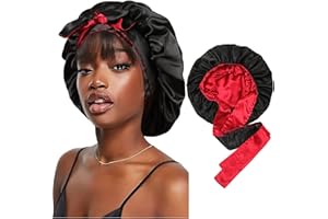 CHLINS Satin Bonnet Silk Sleep Cap Hair Bonnets for Black Women Stretchy Tie Band for Curly Hair Wrap(Black+Red)