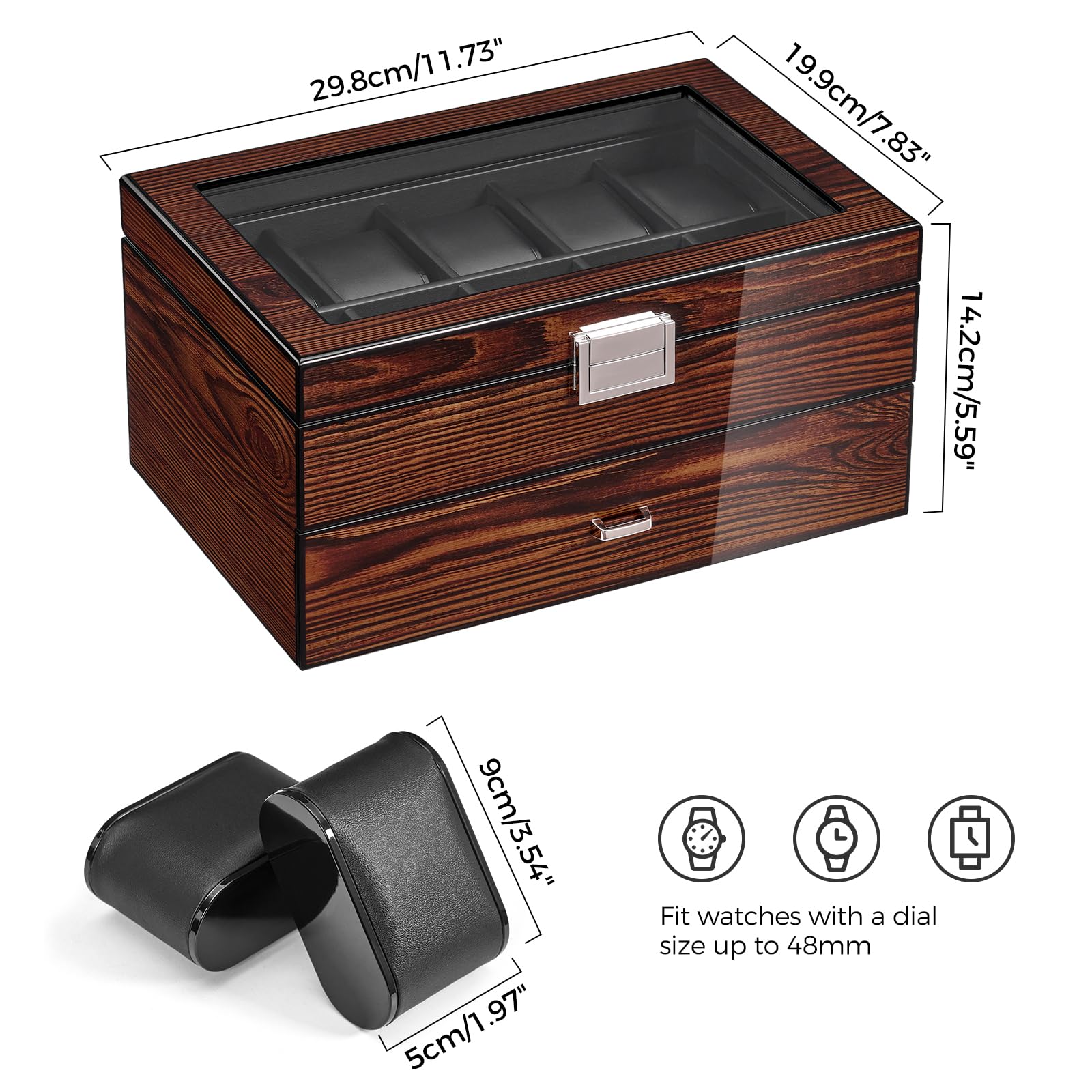 BEWISHOME BEWISHOME High-End Watch Box, 20-Slot Watch Case with Large Glass Lid, Wooden Watch Cases for Men, Watch Storage, Watch Organizer, Synthetic Leather Interior, Brown SSH04Y