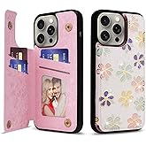 UEEBAI Wallet Case for iPhone 15 Pro Max with Card Holders, PU Leather Cover Kickstand RFID Blocking Double Magnetic Clasp Rilievo Flower Shockproof Flip Case for Women Girls - White Daisy