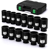 TecoTek 3/4" Drive Deep 6-Point Impact Socket Set, 14-Piece Heavy Duty Impact Socket Set, Cr-Mo, SAE (1" to 2"), for Large Vehicle and Apparatus Maintenance