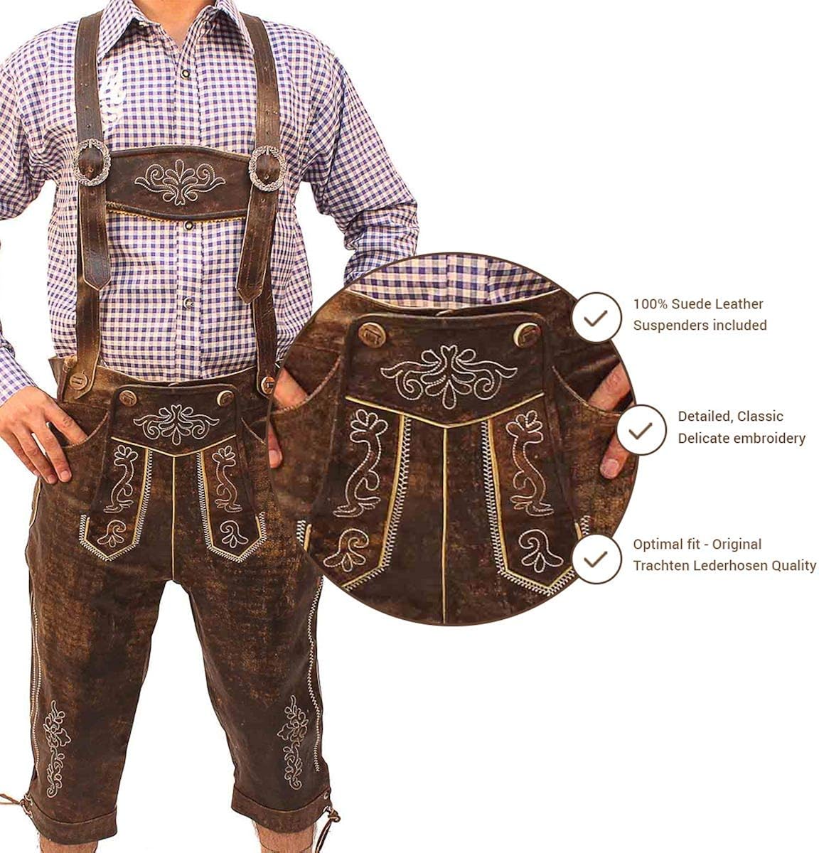 Oktoberfest Bavarian Long Bundhosen Men Authentic German Outfit Brown Wild Brown: Clothing