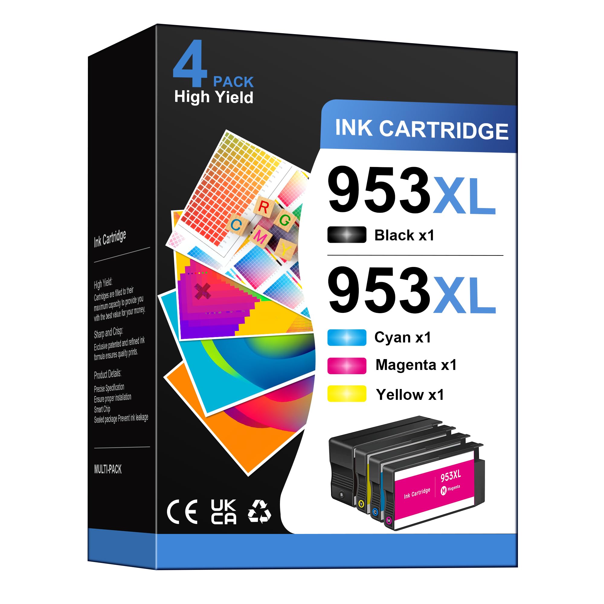 Gureef 953XL Ink Cartridges Multipack for HP 953 953XL Ink Cartridges for HP Officejet Pro 7720 7740 8710 8715 8720 8730 8210 8716 8719 7730 8218 8718 8725 8728 8740 (Black Cyan Magenta Yellow)