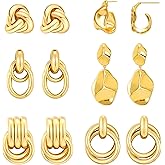 QJLE 6 Pairs Gold Dangle Earrings for Women, 14K Gold Plated Earrings Geometric Knot Drop Huggie Earrings Trendy Jewelry Gifts
