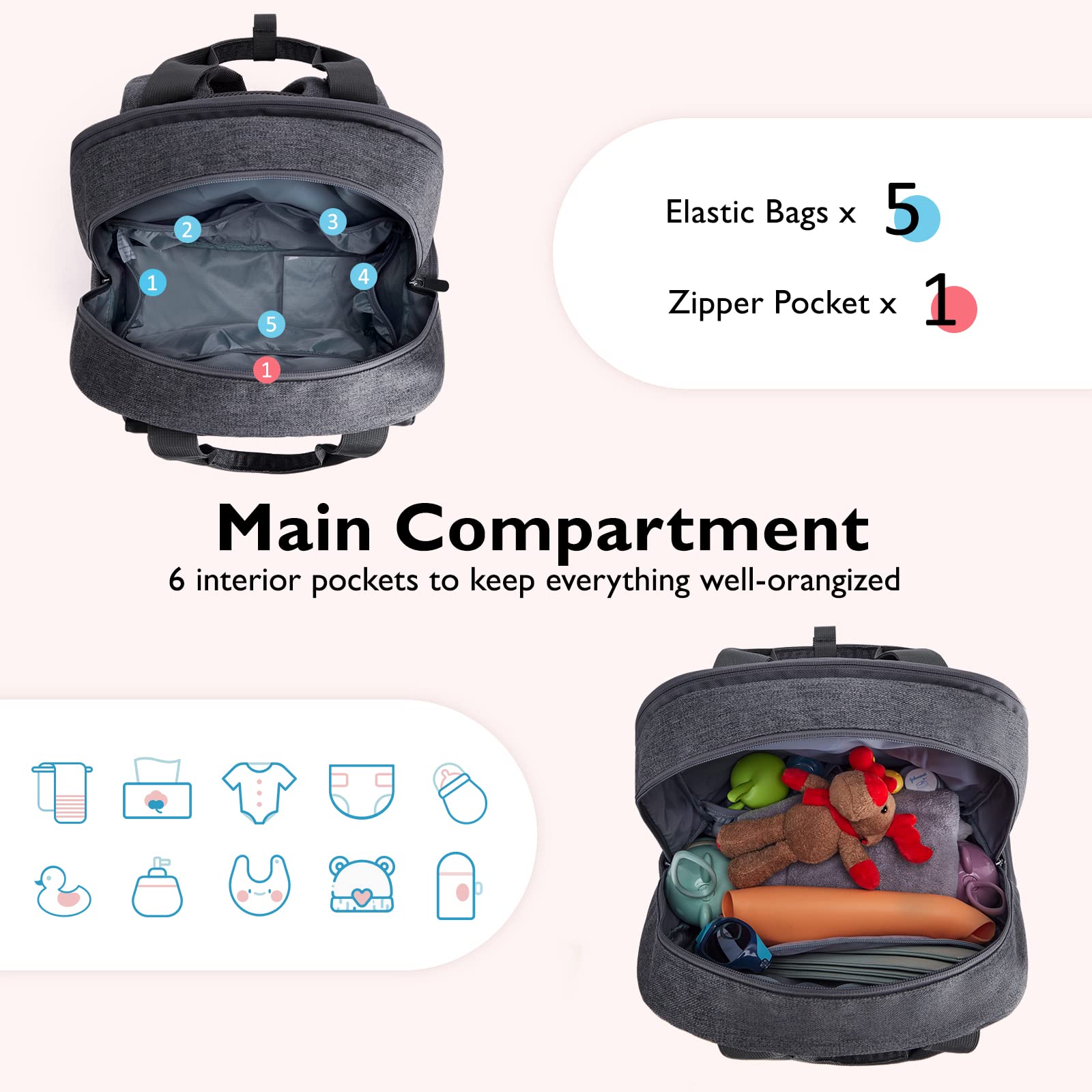 mommore Diaper Bag Backpack Large Travel Diaper Bags with Portable Changing Pad, Pacifier Case and Stroller Straps, Dark Grey