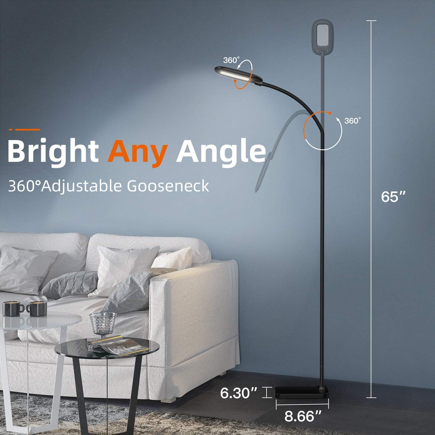 Addlon LED Floor Lamp with 4 Brightness Levels & 3 Colors Temperatures, Dimmable Adjustable Gooseneck, Modern Standing Reading Pole Lamp for Sewing Craft Living Room Bedroom Office - Black: Home Improvement