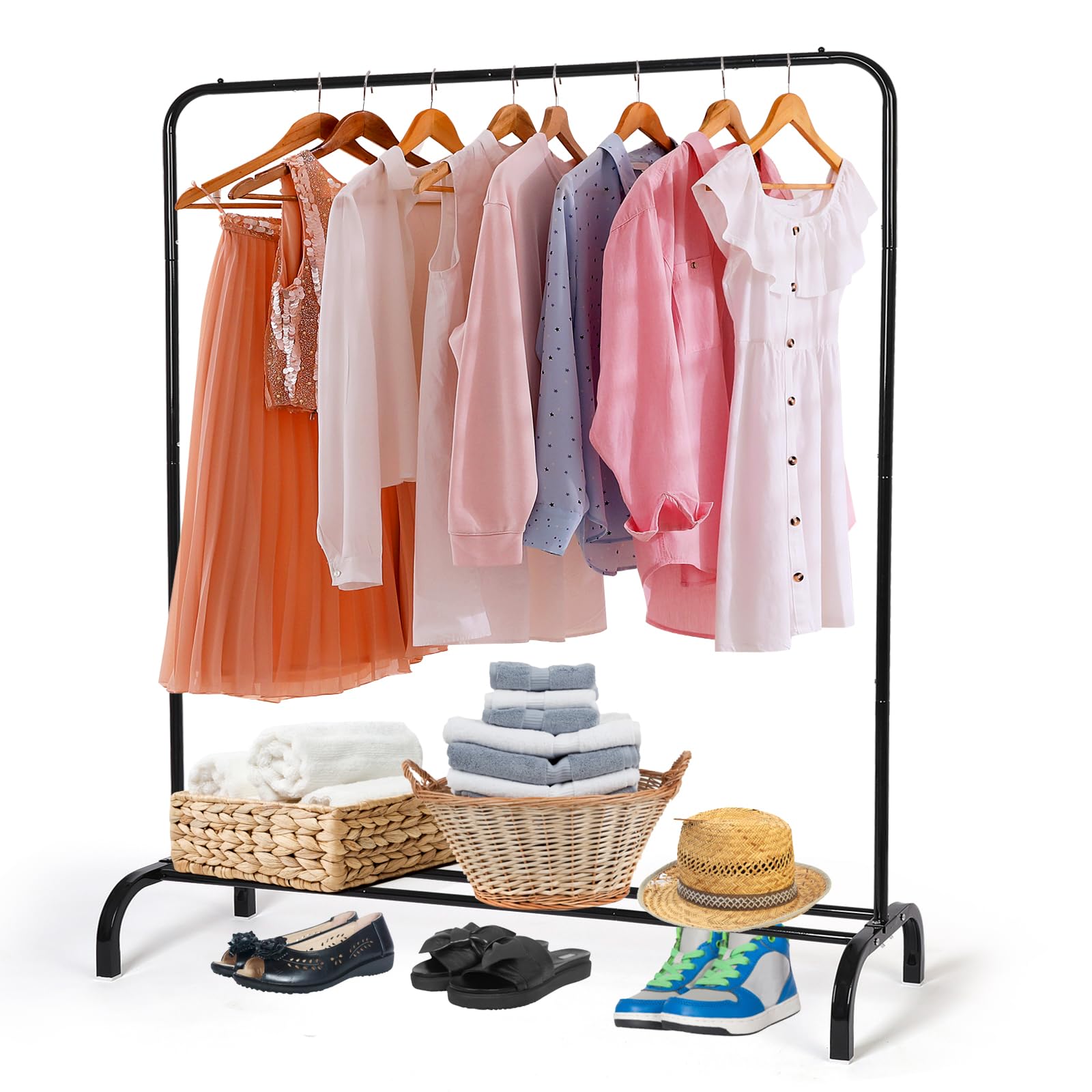 Metal Clothing Rack Garment Rack, Closet Rack Heavy Duty Hanging Racks for Clothes with Top Rod and Storage Bottom Shelf, Clothes Rail Hanger Stand Free for Hanging Coats, Skirts, Shirts 43.5 In-Black