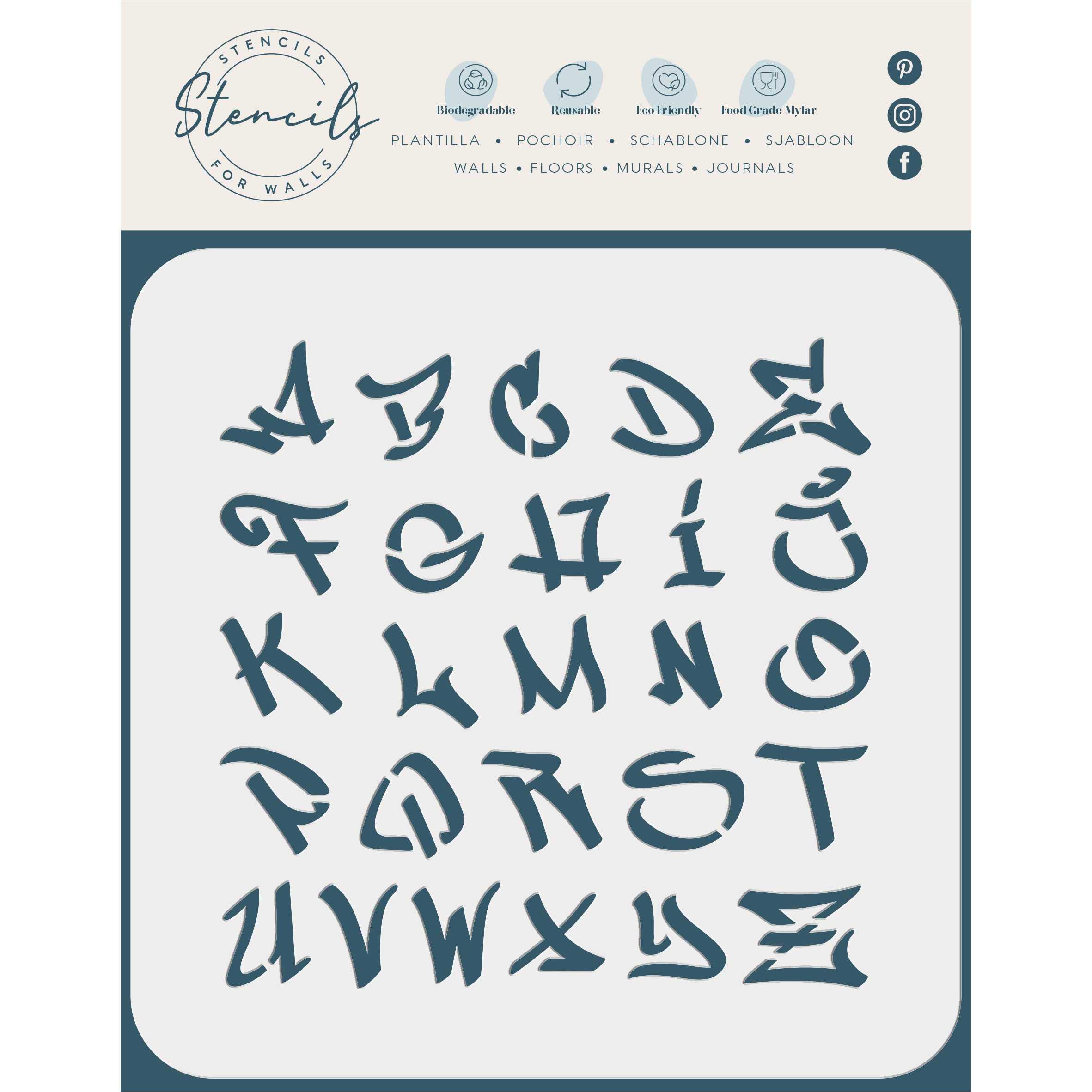 Stencil Company 1½inch Graffiti Letters Stencil, 21.5 x 21.5 cm (L) - Street Graffiti Font Uppercase Street Vandle Style Alphabet Letters Script Stencils for Painting Template
