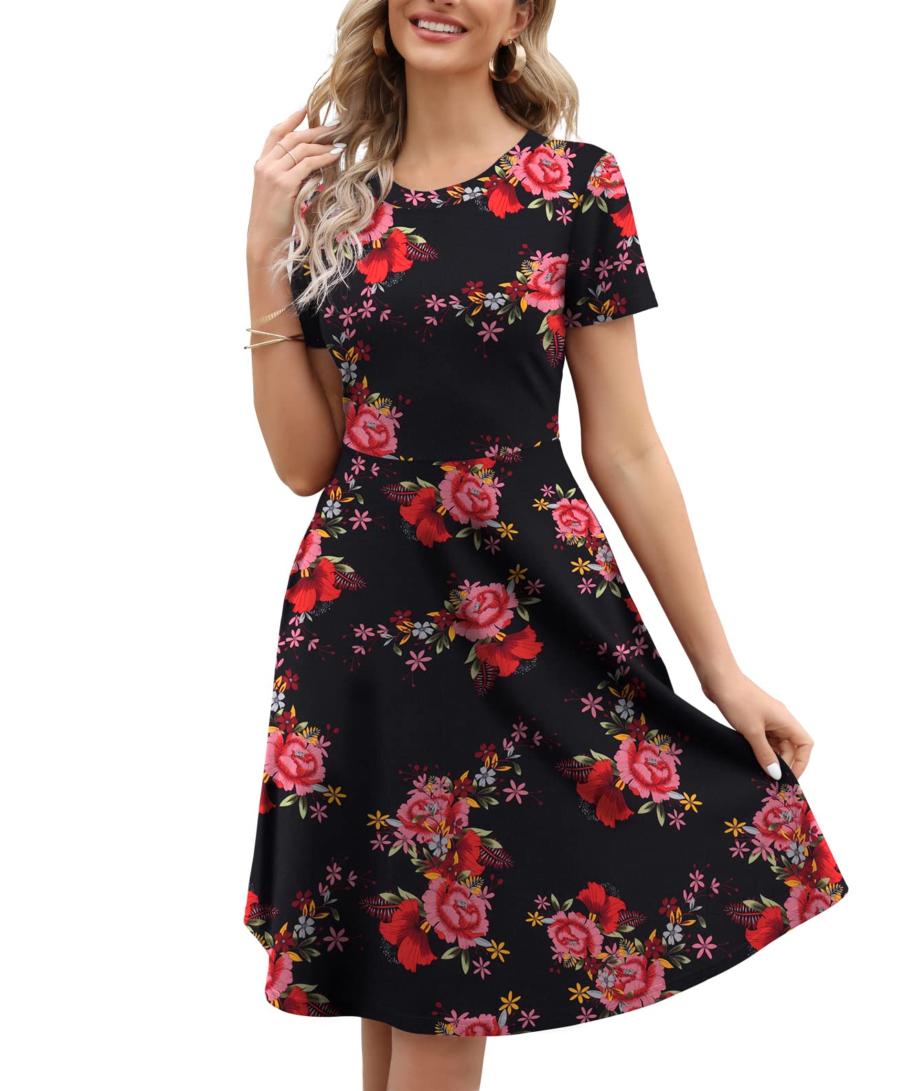 Photo 1 of * similar item*HELYO Casual Summer Dresses for Women Professional Elegant 50s Office Work Party Floral Print A-Line Dress with Pockets 162 Black Red M
