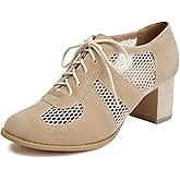 SHEMEE Womens Lace Mesh Stacked Chunky Heel Wingtip Oxfords Round Toe Block Heels Lace-Up Pumps Work Office Dress Shoes