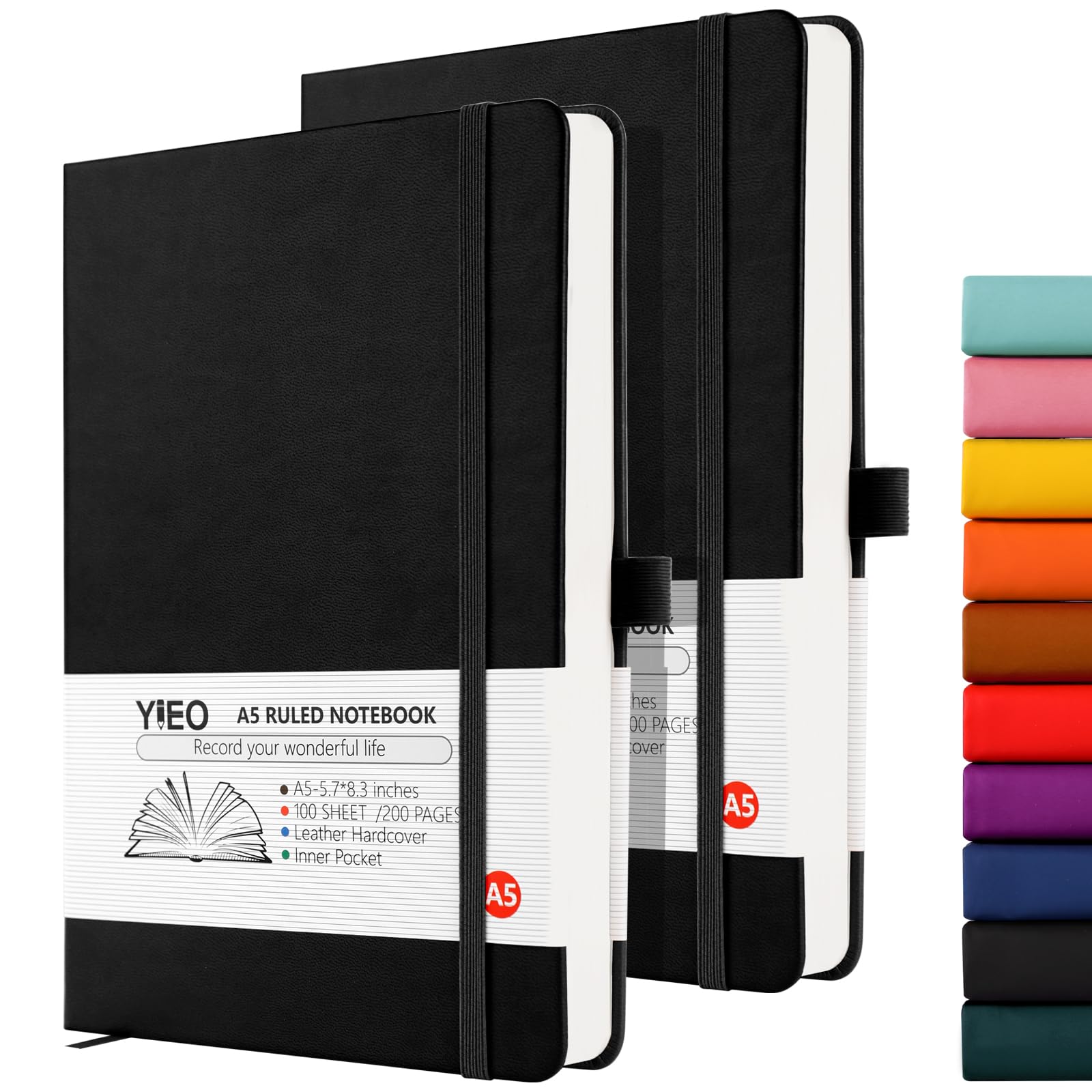 YIEO Notebook A5, 2 Pack Hardback Journal Notebook with 398 Lined Pages 80 GSM Leather Notepad with Bookmark, Pen Loop and Expandable Paper Pocket, for Office School Supplies (Black+Black)