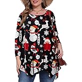 BELAROI Plus Size Tops for Women Christmas Tunic Tops 3/4 Sleeve Casual Snowman Print Swing Loose T Shirts Blouse(4X,Flower47)