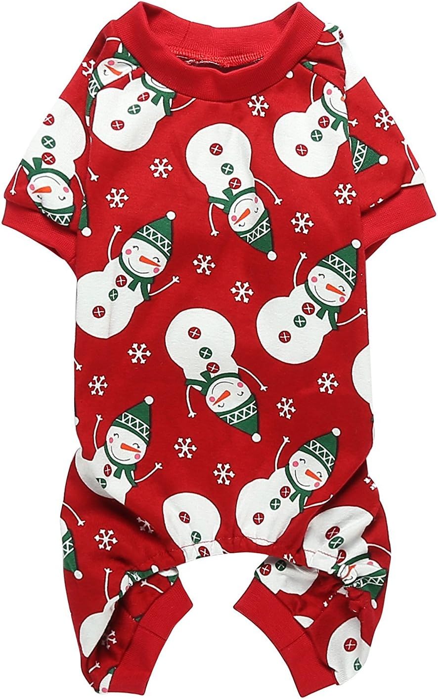 Lanyarco Snowman Christmas Cat Pajamas Onesie for XSmall Dogs Cats Kitten, Cotton Snowflake Pet Dog Christma Pajama PJS Red, Back 9" XSmall
