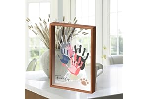 PUDEKO Family Handprint Kit,DIY Colorful Craft Keepsake Family Art Baby Newborn Hand and Footprint Wooden Frame for Home Decor Family Gifts Set(5 Sheets with 8 Colors) (Wood)