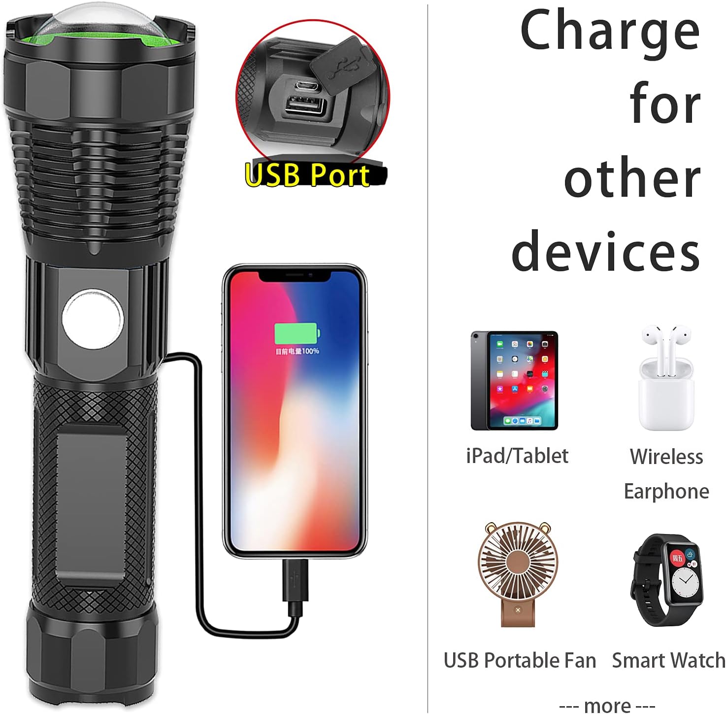 Flashlight with USB Charging Port, Charger for Phone - Wansurs LED Rechargeable Super Bright Tactical Electric Torch, Zoomable and Waterproof with Aluminum Shell and 26650 Battery (Black) - - 