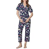 Bed Head PJs Womens Matching Pajamas - Soft Organic Cotton Button Down PJ Shirt & Cropped Pants Set - Loungewear & Sleepwear