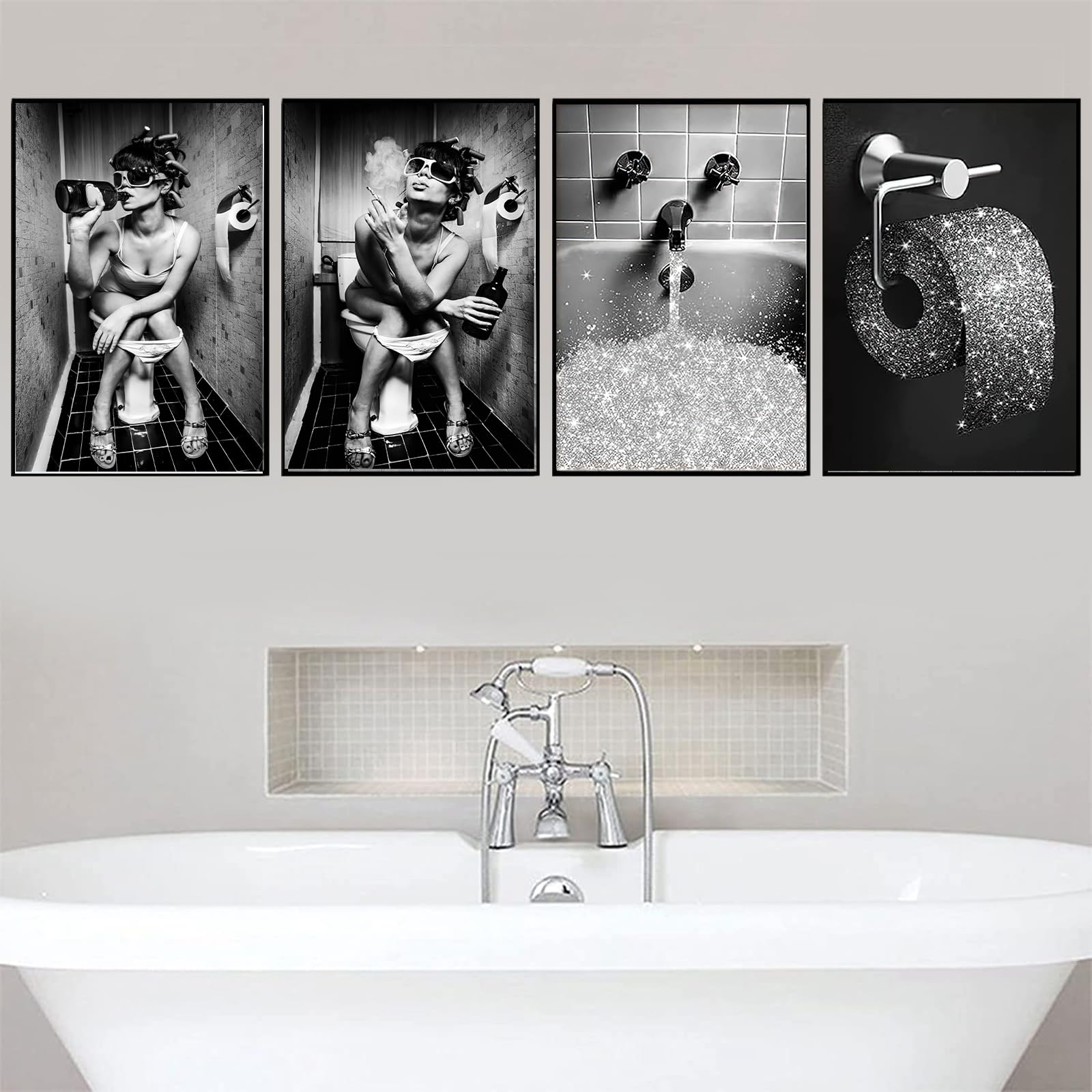 LYBOHO Bathroom Pictures Black White Set, Fashion-Conscious Lady Picture Set, Vintage Canvas Pictures Poster Toilet Bathroom Home Decor - Without Frame (4PCS-20x30cm)