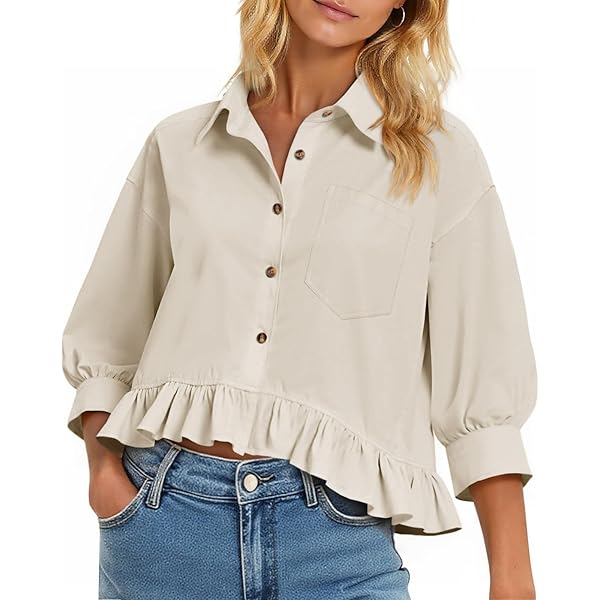 Cicy Bell Womens 3/4 Bell Sleeve Button Down Shirts Casual Ruffle