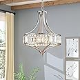 Majhoiw Crystal Chandeliers for Dining Room, Round Rustic Farmhouse Chandelier, Metal Shade, 4-Light Modern Brushed Nickel Chandelier for Hallway, Bedroom, Foyer