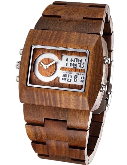Bewell Herren Holzuhren Analog-Digital Quarz Mit Sandelholz Armband