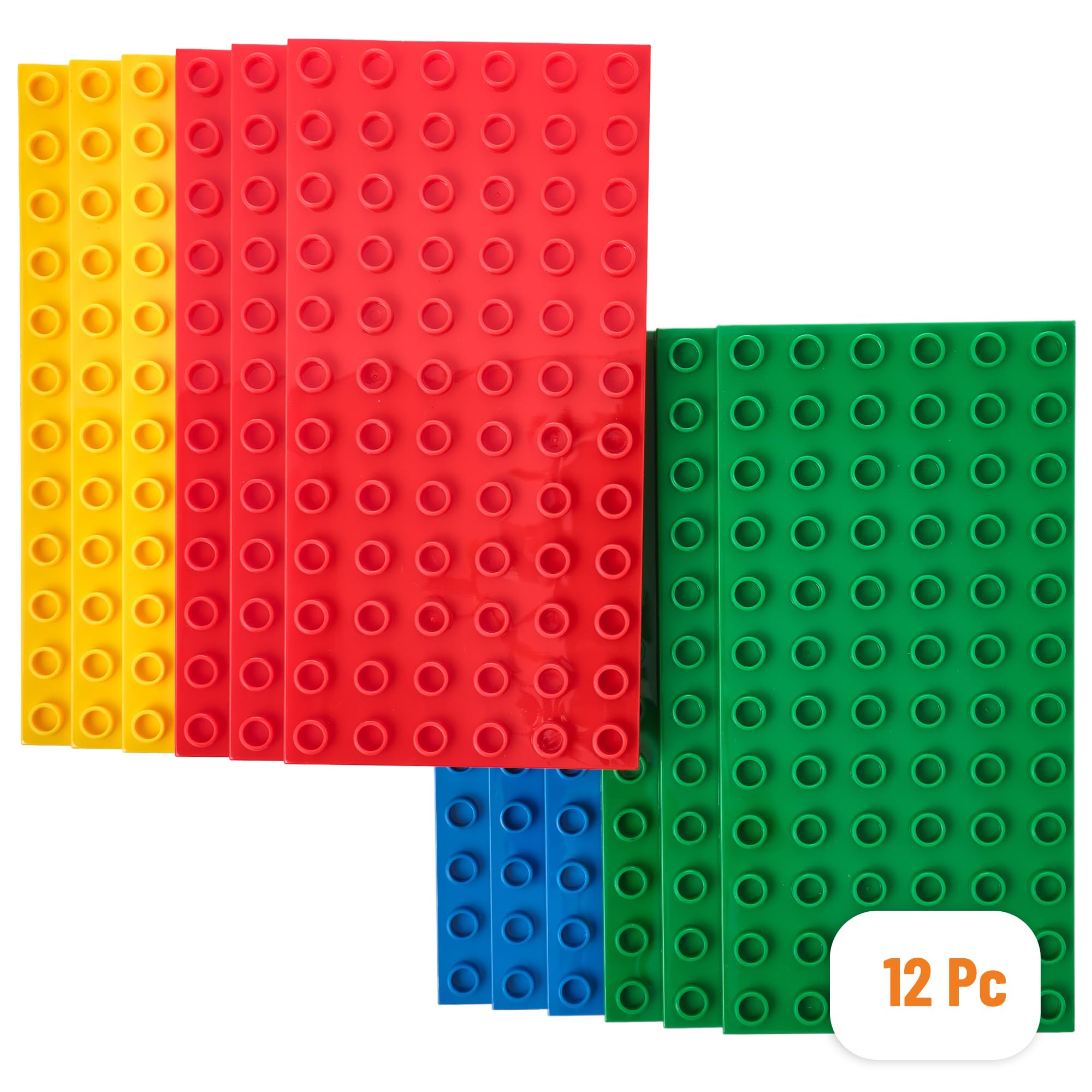 Strictly Briks Premium Big Briks Blue, Green, Red, and Yellow 7. 5" x 3. 75" Baseplate Set - 12 Pack - Compatible with LEGO DUPLO Baseplates | Compatible with DUPLO Bricks – Large Pegs Only