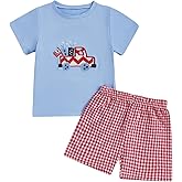 DSOKUHIB 4th of July Baby Boy Outfit Flag Cart Embroidery Short Sleeve T-Shirt Plaid/Stripe Shorts Set Toddler Summer Clothes