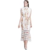 LAI MENG FIVE CATS Women's Sleeveless Hollow Out Lace Print Button Up Casual Midi Party Dress