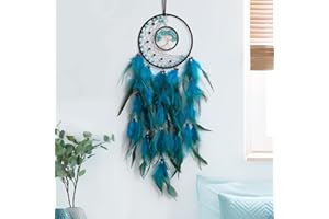 TEESHLY Dream Catchers with Tree of Life and Feather Indian Handmade Moon Dreamcatchers for Boho Wall Hanging Decoration, Ornament Festival Gift (Turquoise Tree of Life)