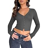Women Long Sleeve V Neck Ribbed Crop Tight Shirts Button Down Cami Tops Slim Fit Y2k Cropped Going Out Tops